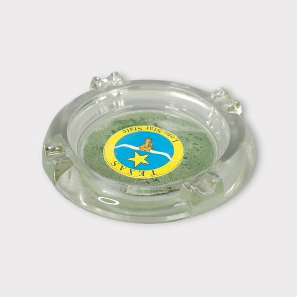 Texas Lone Star State Glass Ashtray Round 4 Slot Longhorn Souvenir Yellow Blue - Picture 6 of 11